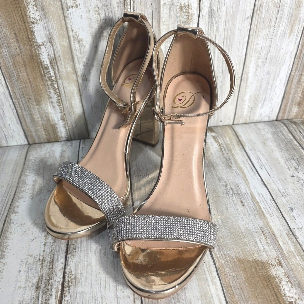 Women's Rose Gold Sparkle Block Heel Ankle Strap Sandals Party Evening size 7.5